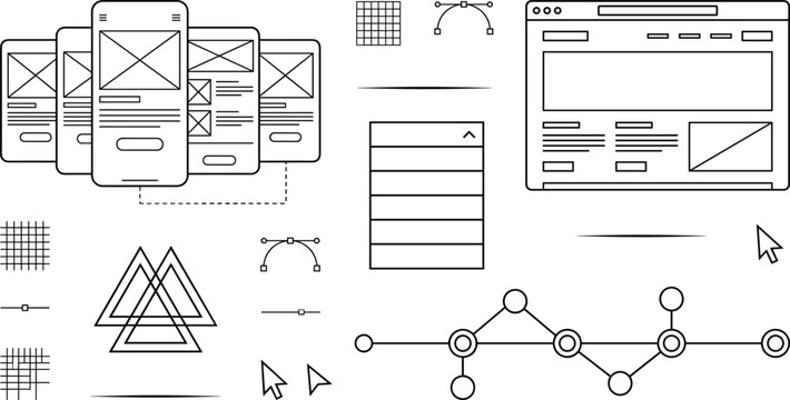 Web design wireframe and mobile app prototyping vector set featuring browser layout charts geometric shapes and cursors