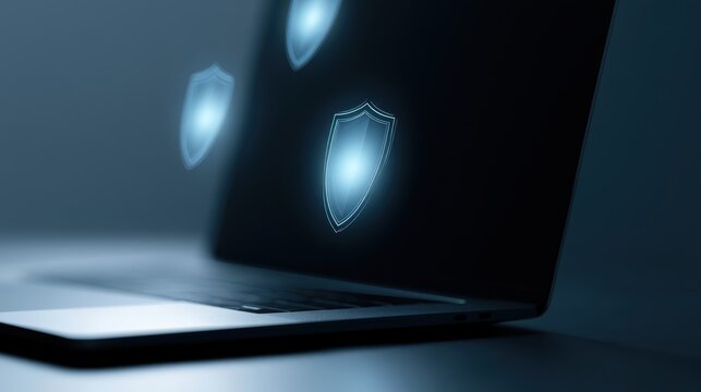 Dark workspace with glowing cybersecurity shield icons floating above a laptop, representing proactive digital defense and threat prevention strategies