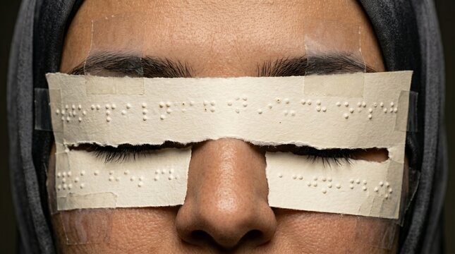 Retrato conceptual mujer ojos cubiertos papel braille