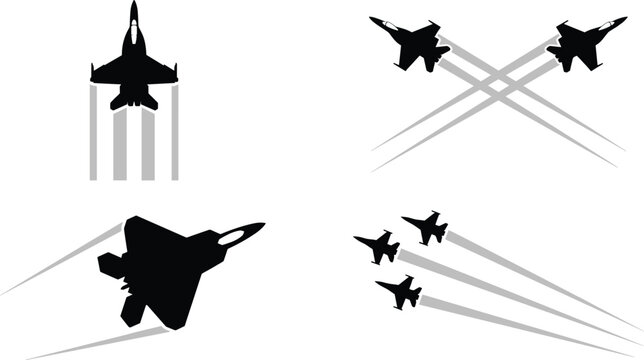 Military jet fighter silhouette vector collection featuring airplane squadron performing supersonic crossover stunt maneuvers with smoke trails