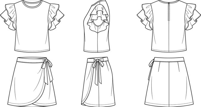Fashion flat technical sketch of women ruffle sleeve top and tie wrap skirt set