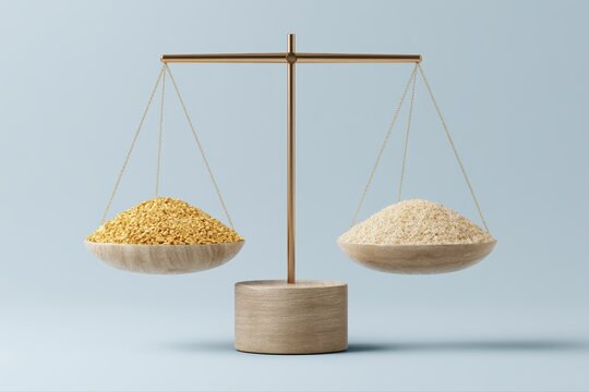 Economic resilience concept featuring balanced scales with commodities and equities, stability and diversification theme