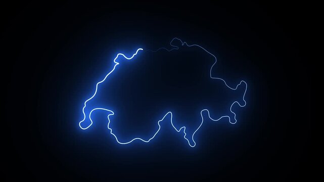 Glowing blue neon outline of switzerland map isolated on dark black background
