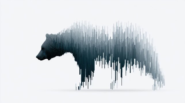 Bear market downturn illustrated with descending candlestick patterns creating a powerful bear shape, financial caution concept