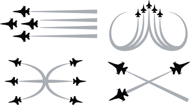 Military jet fighter formation silhouette vector set featuring airshow stunt planes flying with smoke trails acrobatic maneuvers