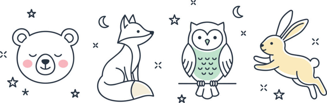 Cute woodland animals vector set featuring cartoon bear fox owl and rabbit with stars in nursery style