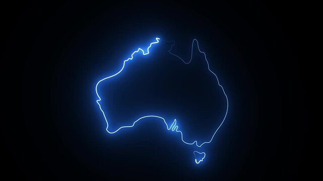 Glowing blue neon outline of australia map isolated on dark black background