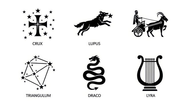 Set of Minimalist Constellation Icons Including Crux Lupus Triangulum Draco and Lyra Vector Illustrations