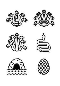 Collection of Fantasy Creature Icons Featuring Hydra Serpents Cave and Reptile Egg