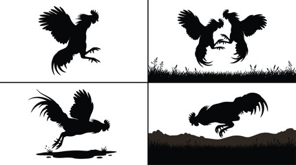 Rooster cockfighting silhouette vector collection featuring aggressive fighting birds jumping and attacking in grass field outdoor landscape © MstLaky