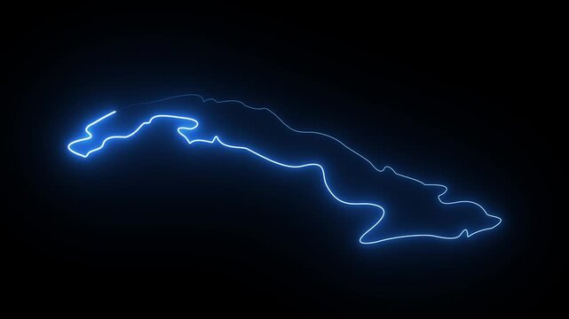 Glowing blue neon outline map of cuba on a dark black background