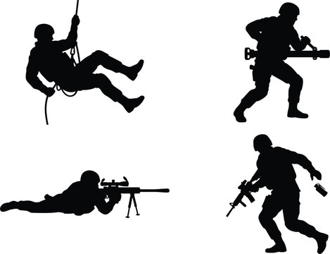 Military soldier silhouette vector bundle featuring special forces sniper rappelling and combat troops with tactical weapons