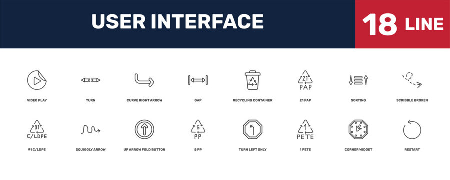 user interface icon set with _icon18_, _icon17_, video play, sorting signs in flat outline style