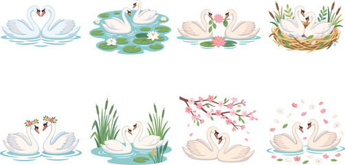 Cartoon swan couples in romantic nature scenes with blossoms, lily pads, nests, and serene water settings © Sheikh