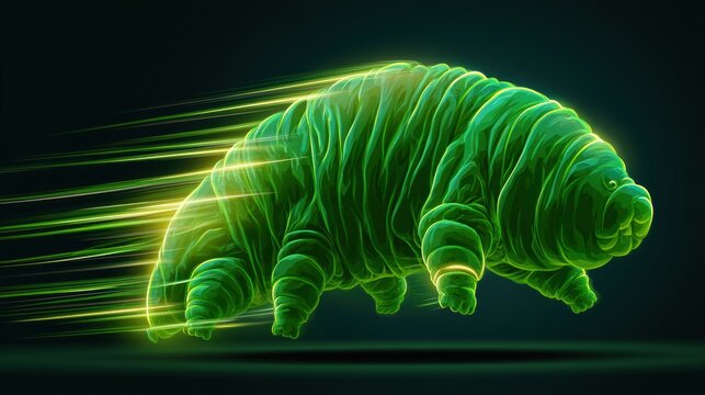 A tardigrade water bear is running with all eight legs. Electric yellow-green lines show fast movement.