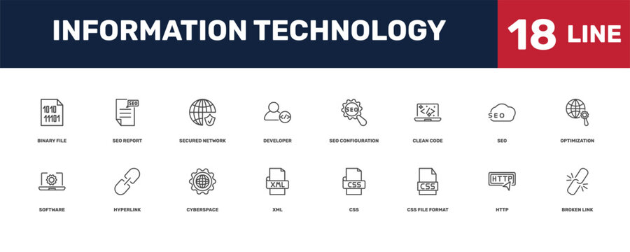 information technology icon set with _icon18_, _icon17_, binary file, seo signs in flat outline style