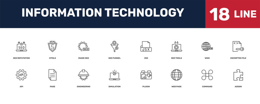 information technology icon set with _icon18_, _icon17_, seo reputation, www signs in flat outline style
