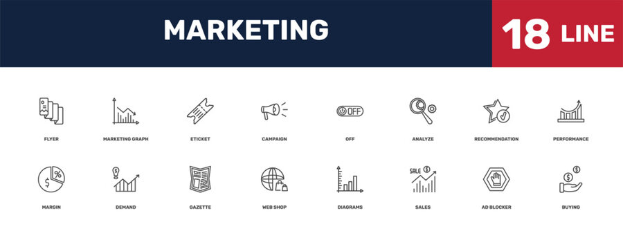 marketing icon set with _icon18_, _icon17_, flyer, recommendation signs in flat outline style