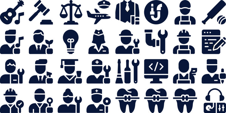 Professions and Occupations Solid Icon Set with Business Labor Medical Legal Engineering Coding and Creative Career Avatars for Corporate Human Resources Websites