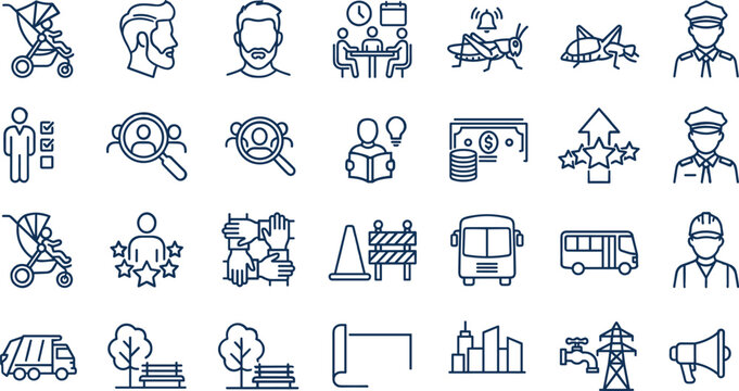 Urban Planning Corporate Business and Public Service Line Icon Set with Human Resources Transportation Infrastructure Engineering and Community Development Symbols for Web Layouts
