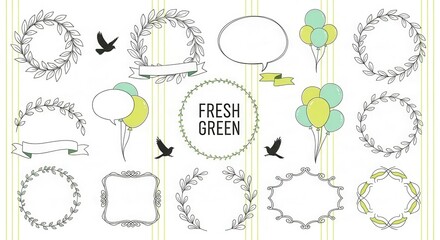 Obraz premium Hand Drawn Fresh Green Decorative Elements Set with Wreaths Frames Balloons and Ribbons for Spring Design
