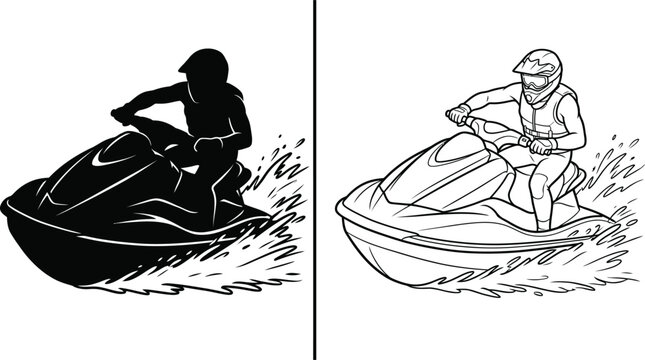 Jet Ski Watercraft with Rider Icon Set in Black Silhouette and Outline Sketch Styles for Active Sports