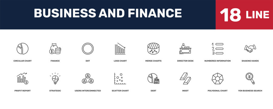 business and finance icon set with _icon18_, _icon17_, circular chart, numbered information signs in flat outline style