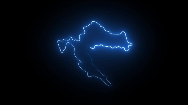 Glowing neon blue map outline of croatia isolated on a dark black background