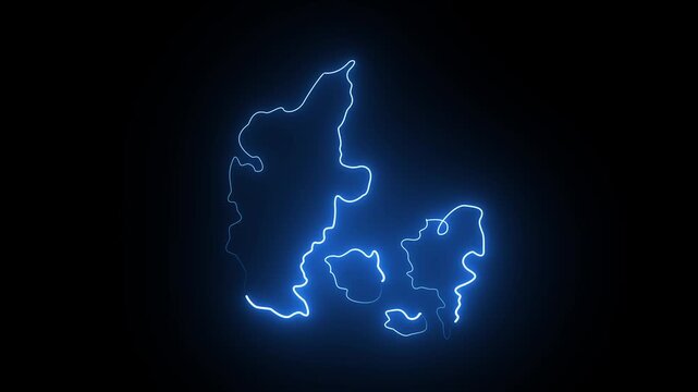 Glowing neon blue outline map of denmark on a dark black background
