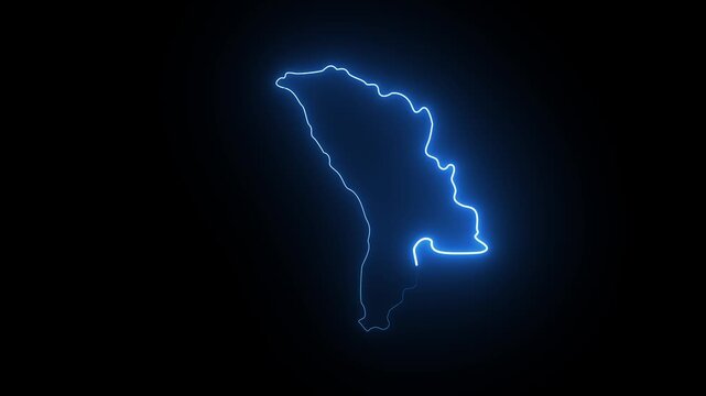 Glowing blue neon outline map of moldova on a black background