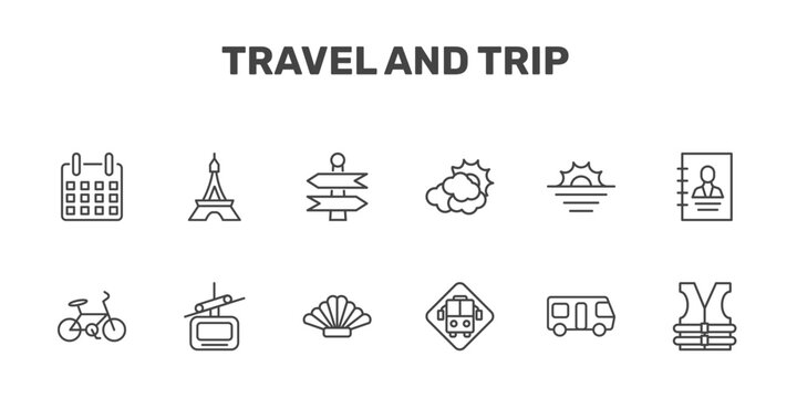 travel and trip icon set with date, eiffel tower, , lifejacket signs in flat outline style