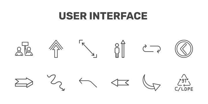 user interface icon set with industrial action, pointing up arrow, size, 91 c/ldpe signs in flat outline style