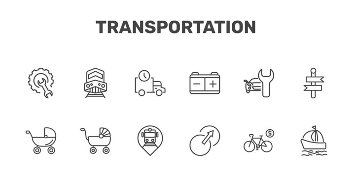 transportation icon set with repair, diesel train, shipping and delivery, sailing boat with veils signs in flat outline style