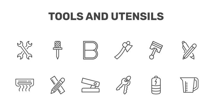 tools and utensils icon set with cross wrench, auger, bold, pitcher with levels signs in flat outline style
