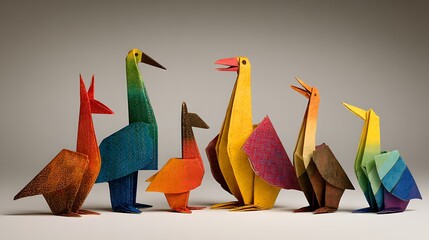 Naklejka premium Colorful origami paper cranes in red green blue yellow purple and orange bird