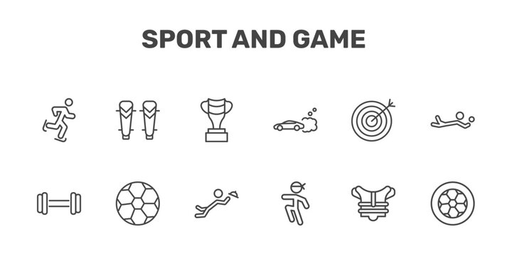 sport and game icon set with ice skating, shin guards, brazilian, football ball circular signs in flat outline style