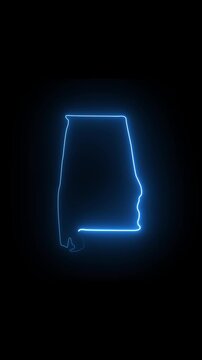 Glowing blue neon outline map of alabama state on a dark black background