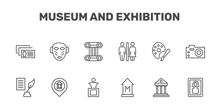 museum and exhibition icon set with postcards, african mask, antique column, el greco signs in flat outline style