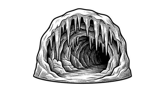 Cave with icicles and ice formation.