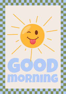 Cute smiling sun with Good Morning text vector illustration. Cheerful sunshine character greeting cards, social media