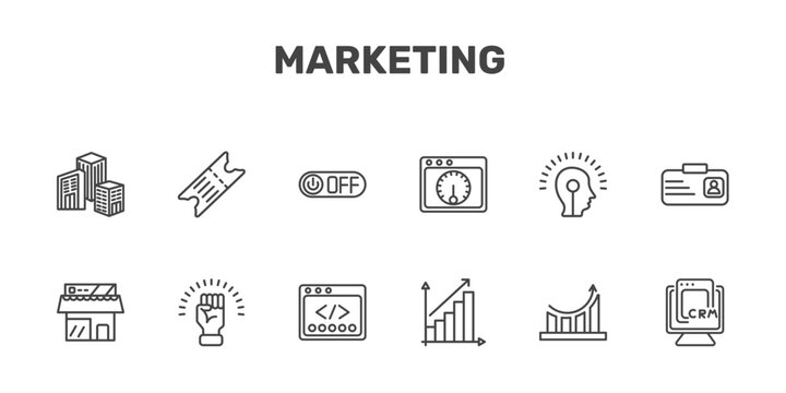 marketing icon set with enterprise, eticket, off, crm signs in flat outline style
