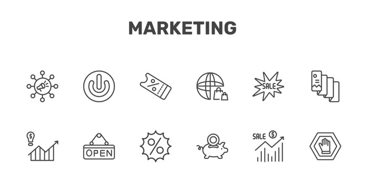 marketing icon set with viral, on, coupon, ad blocker signs in flat outline style
