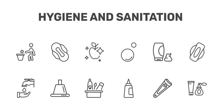hygiene and sanitation icon set with throw, sanitary napkin, food hygiene, cosmetics signs in flat outline style