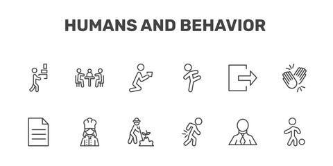 Fototapeta premium humans and behavior icon set with carrying, business meeting, begging, playing with a ball signs in flat outline style