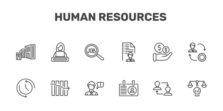 human resources icon set with company, working, job search, benchmarking signs in flat outline style