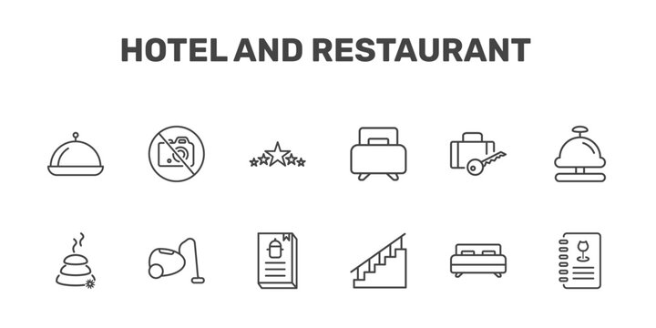 hotel and restaurant icon set with restaurant tray, no pictures, five stars, wine menu signs in flat outline style