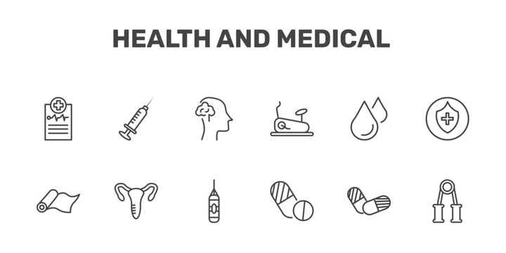 health and medical icon set with medical report, injection, neurology, handgrip signs in flat outline style