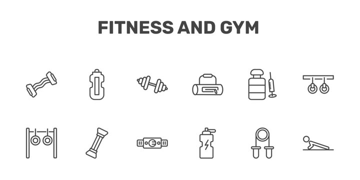 fitness and gym icon set with resistance, hydratation, little dumbbell, push up signs in flat outline style