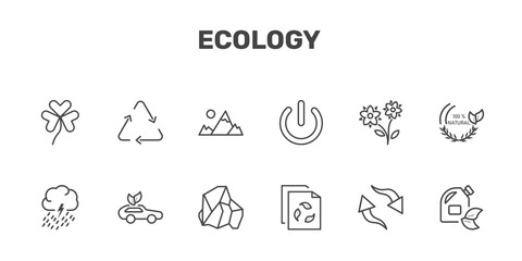 Fototapeta premium ecology icon set with shamrock, recycle arrows, snowy mountains, biodiesel signs in flat outline style