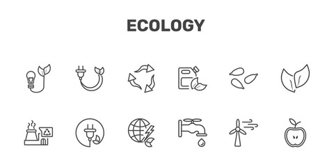 Fototapeta premium ecology icon set with bio energy, eco plug, recycle, half signs in flat outline style